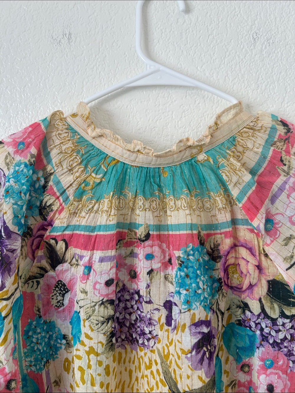 Boho Floral Patchwork Peasant Blouse in Teal, Yellow & Pink - Picture 9 of 11